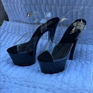 Pleaser Black High Stiletto Heels with Clear Strap